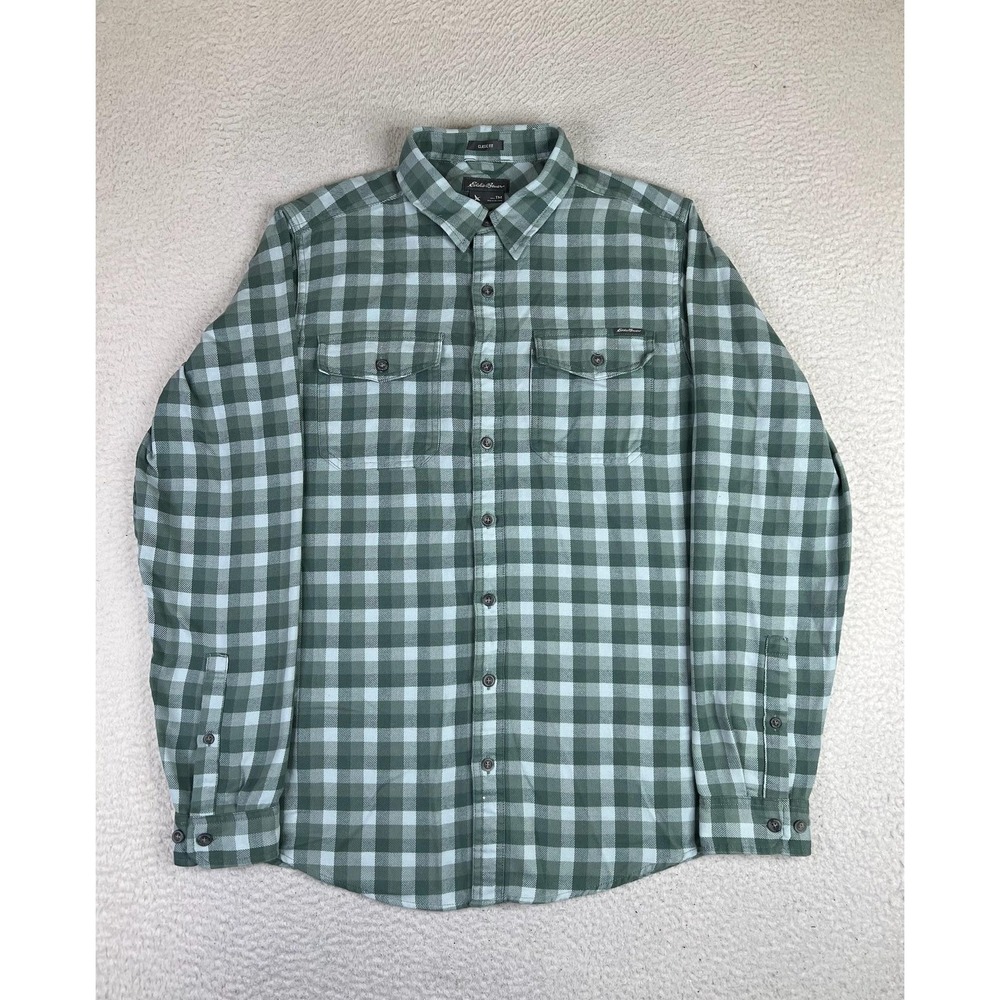 Eddie Bauer Mens MT Green Plaid Flannel Classic Fit Long Sleeve Button Up Shirt